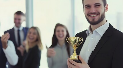 Wall Mural - A man in a suit smiles broadly while holding up a trophy, surrounded by cheering colleagues.