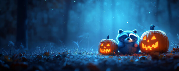 A whimsical raccoon sits beside two glowing jack-o'-lanterns under a moonlit forest, creating an enchanting Halloween scene.