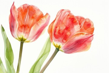 Wall Mural - Delicate watercolor tulips in shades of orange and pink on a light background