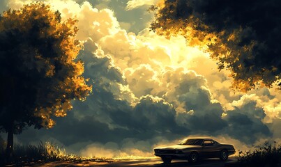 A Classic Car Drives Through a Golden Sunset with Dramatic Clouds