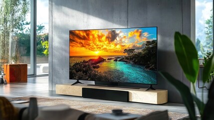 Canvas Print - Modern Living Room with a Large Television Displaying a Sunset Seascape