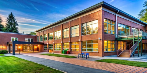 Modern elementary school building with red brick exterior, large windows, and a warmly lit main entrance surrounded by lush greenery and a paved playground area.