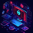 © Resi - Computer security system protecting data with lock icon on screen in isometric view