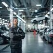 © Pete - Confident Caucasian mechanic stands in modern garage surrounded by cars, car lifts. Looks towards something unseen with crossed arms, amidst hive of activity. Large garage ceiling stretches above,