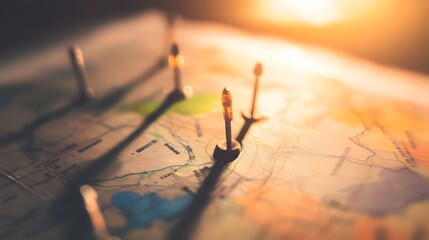 Close-up of push pins on a map, with the sun shining through the window, inspiring wanderlust and a sense of adventure.