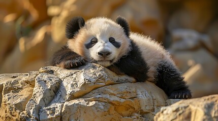 A cute baby panda relaxing on a rock, enjoying the warm sunlight.