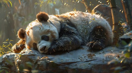 Wall Mural - A sleeping panda bear in a bamboo forest, covered in leaves.