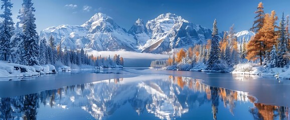 Snowy mountain range reflected in a calm, blue lake with a few trees in the foreground.