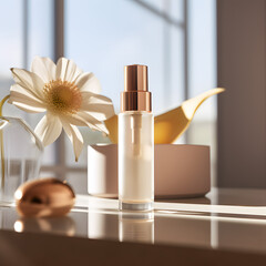 Minimal clear, translucent cosmetic product with flowers put on a table. Perfume, make up, serum, cosmetic product mockup with a sunny, sunset window back drop. Generative AI