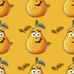 Cheerful cartoon pears with smiling faces on a bright yellow background in a playful pattern