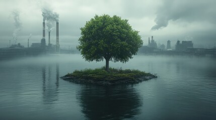 Sticker - Solitary Tree in a Foggy Industrial Landscape