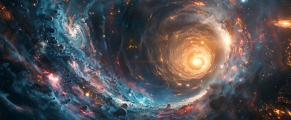 Wall Mural - A bright, swirling galaxy with a large, luminous core surrounded by stars and planets.