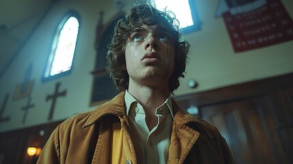 A young man with blood on his face stands in a church, looking up in fear.