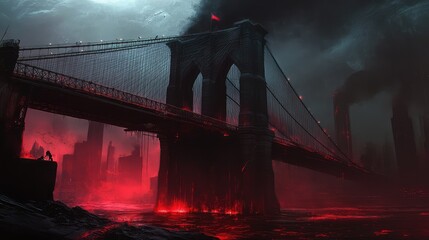 Canvas Print - A nightmarish Brooklyn Bridge, with jagged, twisted cables, shadowy figures crossing, and an eerie red glow emanating from the river below, seen by a demon