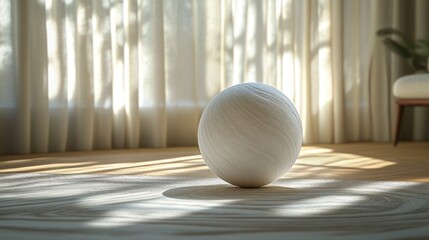 Poster - White Ball on a Wooden Floor with Sunlight Streaming Through a Window