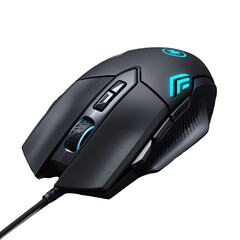 Sleek, futuristic gaming mouse with black matte finish, angular design, blue LED accents, wired connection, illuminated scroll wheel, textured grips, generative ai