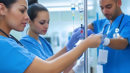 Wall Mural - Three medical professionals work together in a hospital setting.