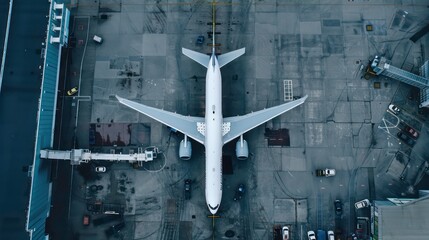 an aerial view of a commercial airplane parked at a gate at an airport. the aircraft is surrounded b