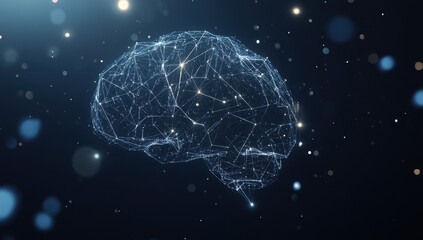 Wall Mural - a minimalist digital brain made of glowing geometric shapes, set against an abstract dark blue backg
