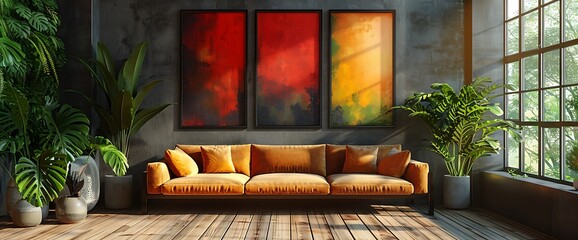 Modern living room with a mustard yellow sofa, three abstract paintings, potted plants, and a large window.