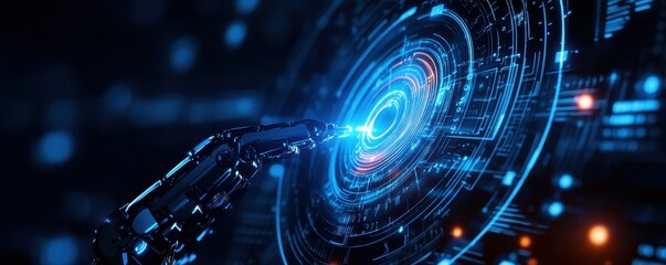 futuristic robotic hand interacting with a glowing digital interface, symbolizing advanced technolog
