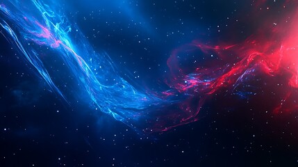 An abstract cosmic background with swirling streaks of blue and red against a dark blue background sprinkled with white dots.