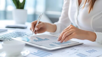 Businesswoman reviewing financial projections on a tablet, modern office, Digital planning, Financial analysis for business growth