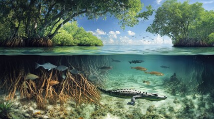 Wall Mural - A mangrove forest with roots submerged in water, home to fish, birds, and crustaceans, illustrating a coastal ecosystem