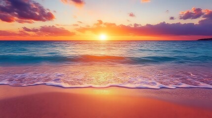 Wall Mural - A vibrant tropical beach with golden sand, crystal-clear turquoise waters, and a colorful sunset