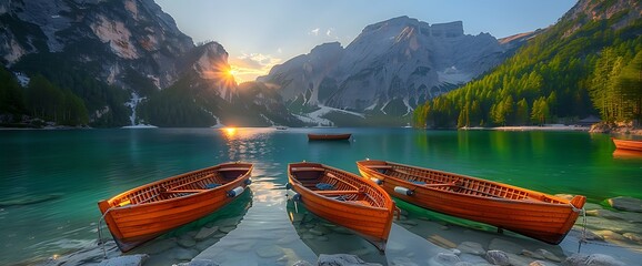 Sticker - Three wooden boats on a tranquil lake with majestic mountains in the background and a golden sunrise.