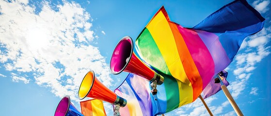 LGBTQ megaphone rally powerful voices amplified in a colorful march for equality love and unity vibrant pride flags waving