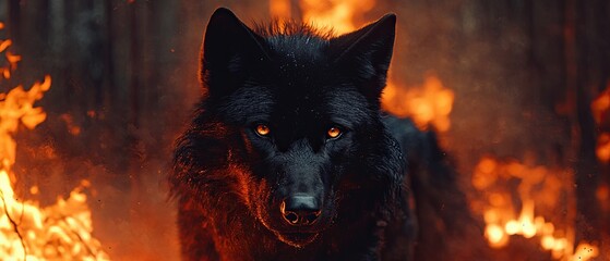 Close-up of a black wolf with piercing eyes in a blazing inferno forest background captivating scene intense atmosphere