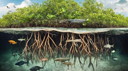 Wall Mural - A mangrove forest with roots submerged in water, home to fish, birds, and crustaceans, illustrating a coastal ecosystem