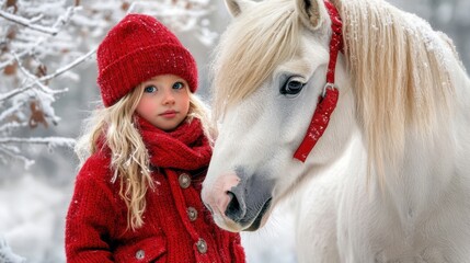 Canvas Print - A little girl in red coat and hat standing next to a white horse, AI