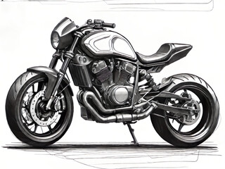 drawing of a new concept motorcycle, with parts and technical specifications, on white background