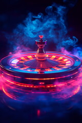 Glowing neon roulette wheel spinning in a dark, smoky casino, hyperrealistic detail banner