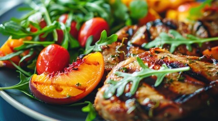 Poster - A plate of grilled meat and vegetables, including grilled chicken, tomatoes