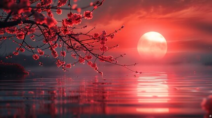 Sticker - A serene scene of a cherry blossom tree silhouetted against a vibrant red sunset over a tranquil lake.