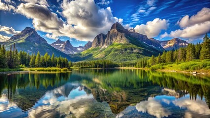 Canvas Print - Rugged Saddleback Mountains rise majestically above a serene lake, surrounded by lush green forests, under a brilliant blue sky with a few wispy clouds.