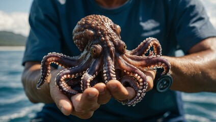 Sticker - Man Holding a Small Octopus Before Releasing it into the Ocean