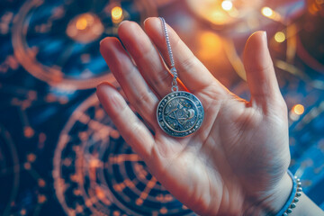 A hand holds a celestial-themed pendant with a zodiac backdrop, illuminated by warm lighting and surrounded by astrological charts.