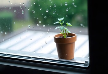 A small green plant in a brown pot on a windowsill with raindrops on the window glass and blurred buildings visible in the background