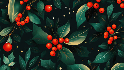 Wall Mural - A cute Christmas pattern with holly leaves and red berries on a green background, flat design, simple shapes, vector art