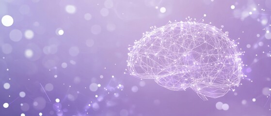 Wall Mural - a purple background with an abstract brain-shaped neural network made of white lines and dots, repre