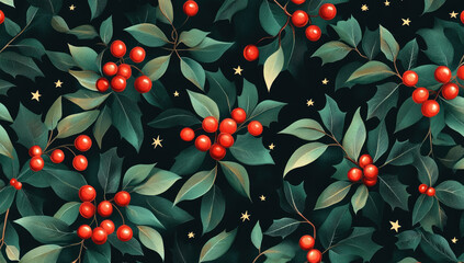 Wall Mural - A cute Christmas pattern with holly leaves and red berries on a green background, flat design, simple shapes, vector art