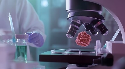 Wall Mural - a scientist studies a cancer cell under a microscope in a lab.
