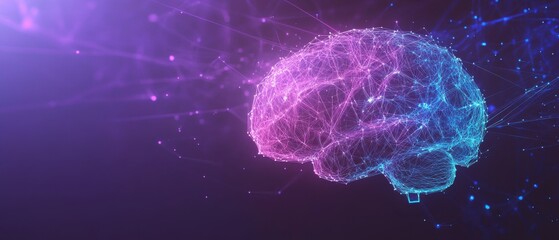 Wall Mural - artificial intelligence brain, lines and dots connection on a purple and blue background generative 
