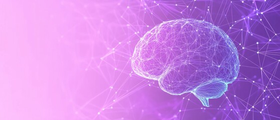 Wall Mural - abstract digital brain with connections on a purple background white dots connected to a blue circle