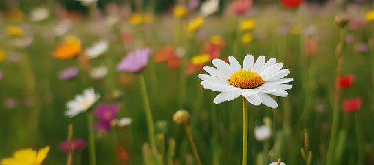 Poster - Single White Daisy Flower in a Field of Colorful Blooms, Nature, Spring, Summer, Garden