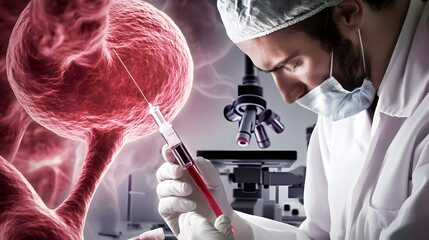 Wall Mural - a scientist in a lab coat injects a cell with a syringe.